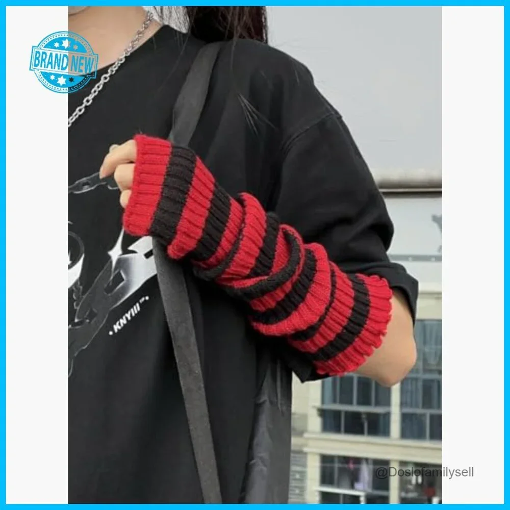 Striped Fingerless Knitted Arm Warmers Y2K Punk Grunge Alt Emo Scene Accessories